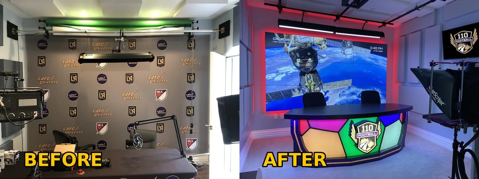 LAFC room before and after construction of the 110 Football broadcast studio