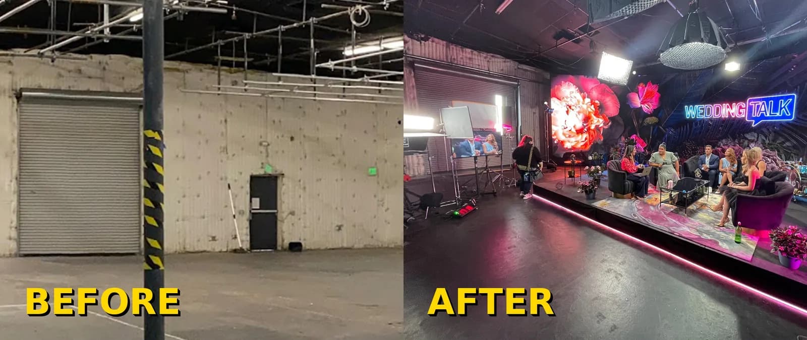 Empty warehouse before and after conversion into the Wedding Talk panel set