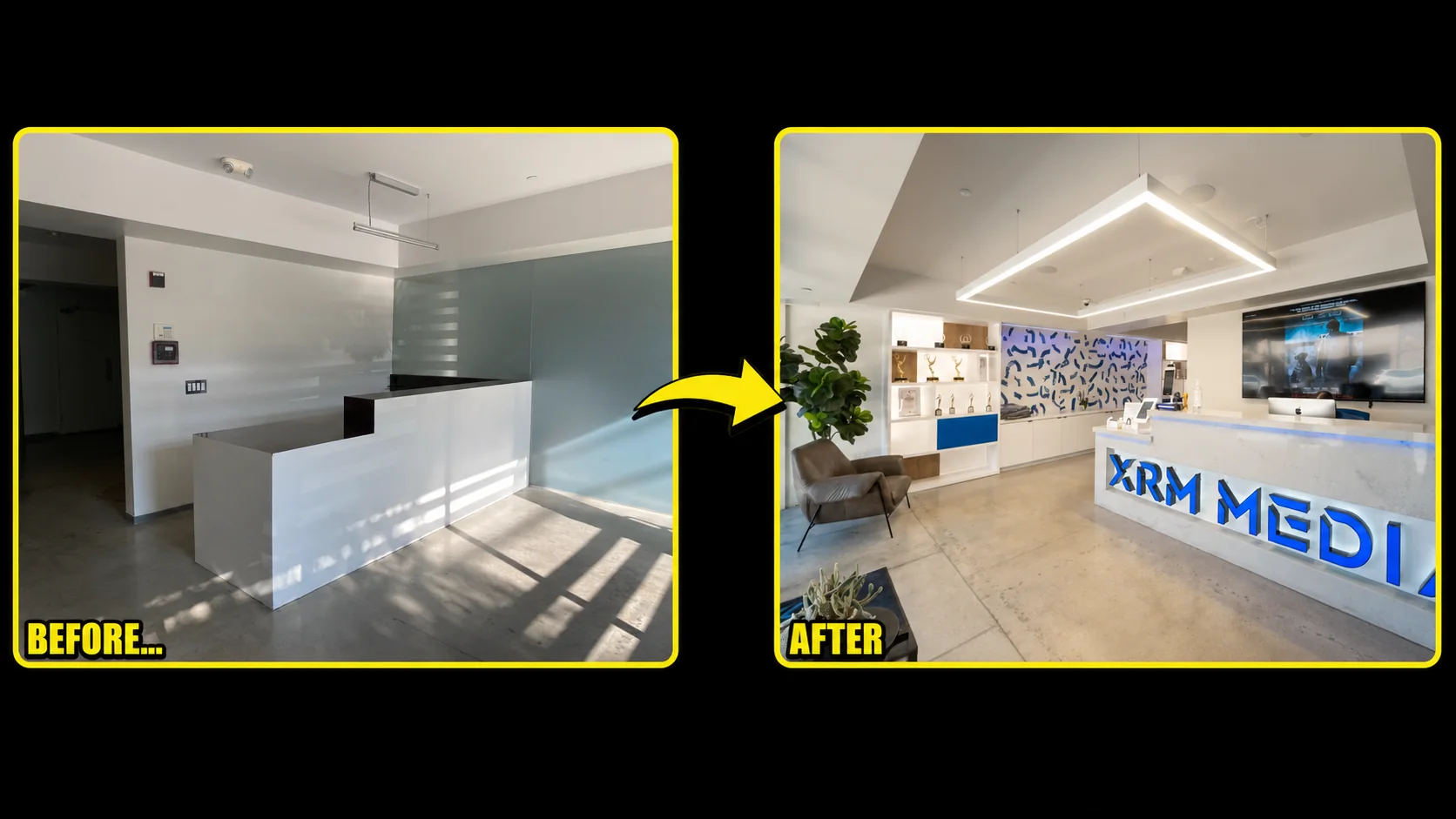 XRM Media lobby before and after studio facility installation